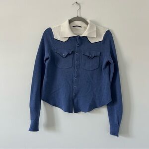 Brazeau Tricot Blue White Snap Button Down Long Sleeve Cashmere Western Sweater